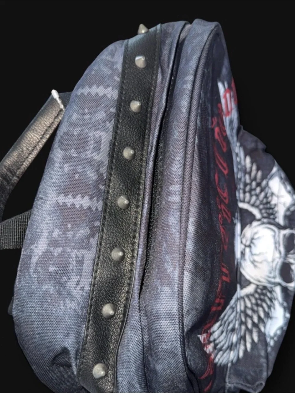 Affliction Black Backpack with White Winged Skull and Red Logo